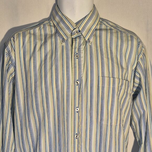 John Ashford dress shirt white with multi colors of stripes, front pocket, MED. - Picture 1 of 15